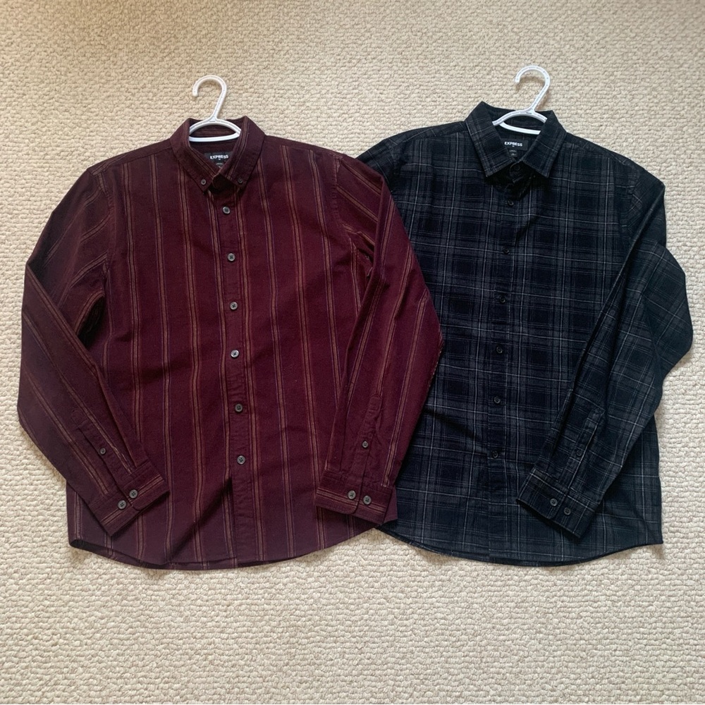 Two Corduroy Express Button-Down Shirts - Burgundy and Black - Picture 1 of 8